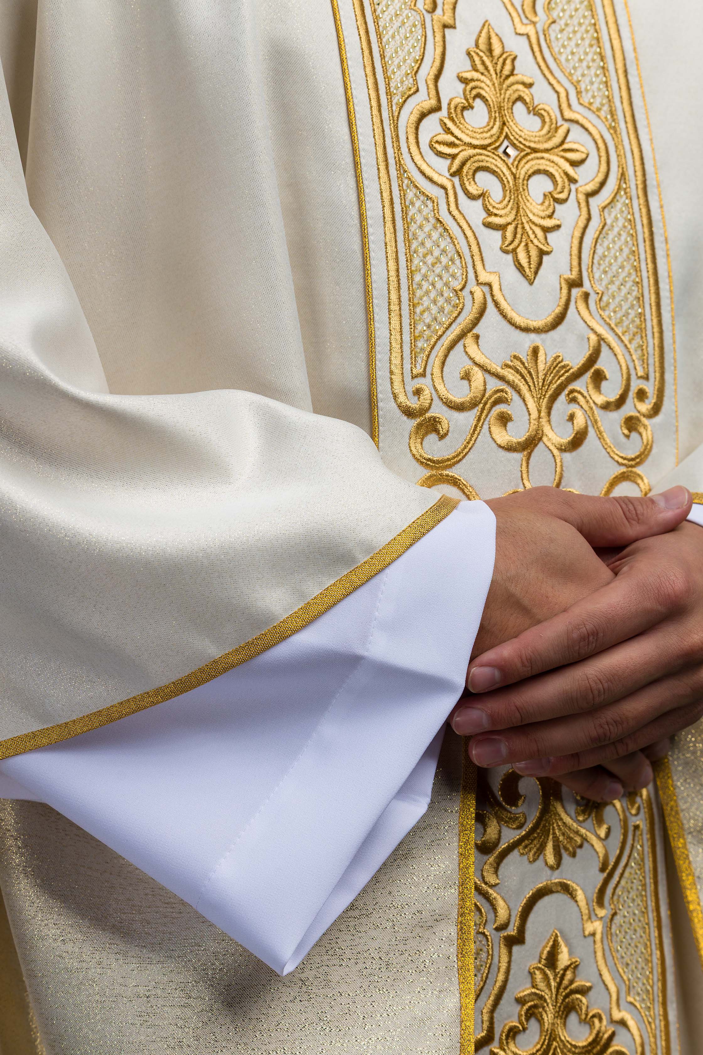Chasuble made of shiny fabric with rich gold embroidery at the waist - Image 4