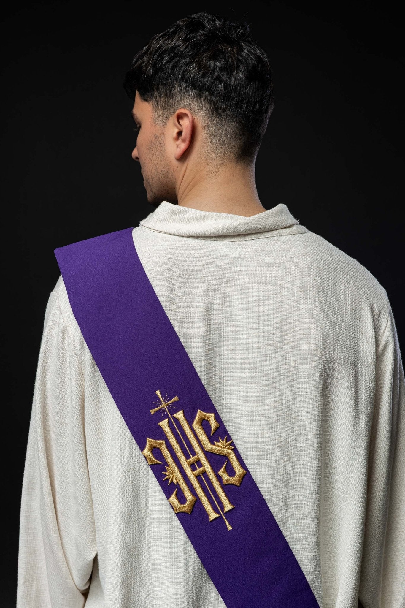 Deacon stole embroidered with IHS and Cross in purple - Image 5