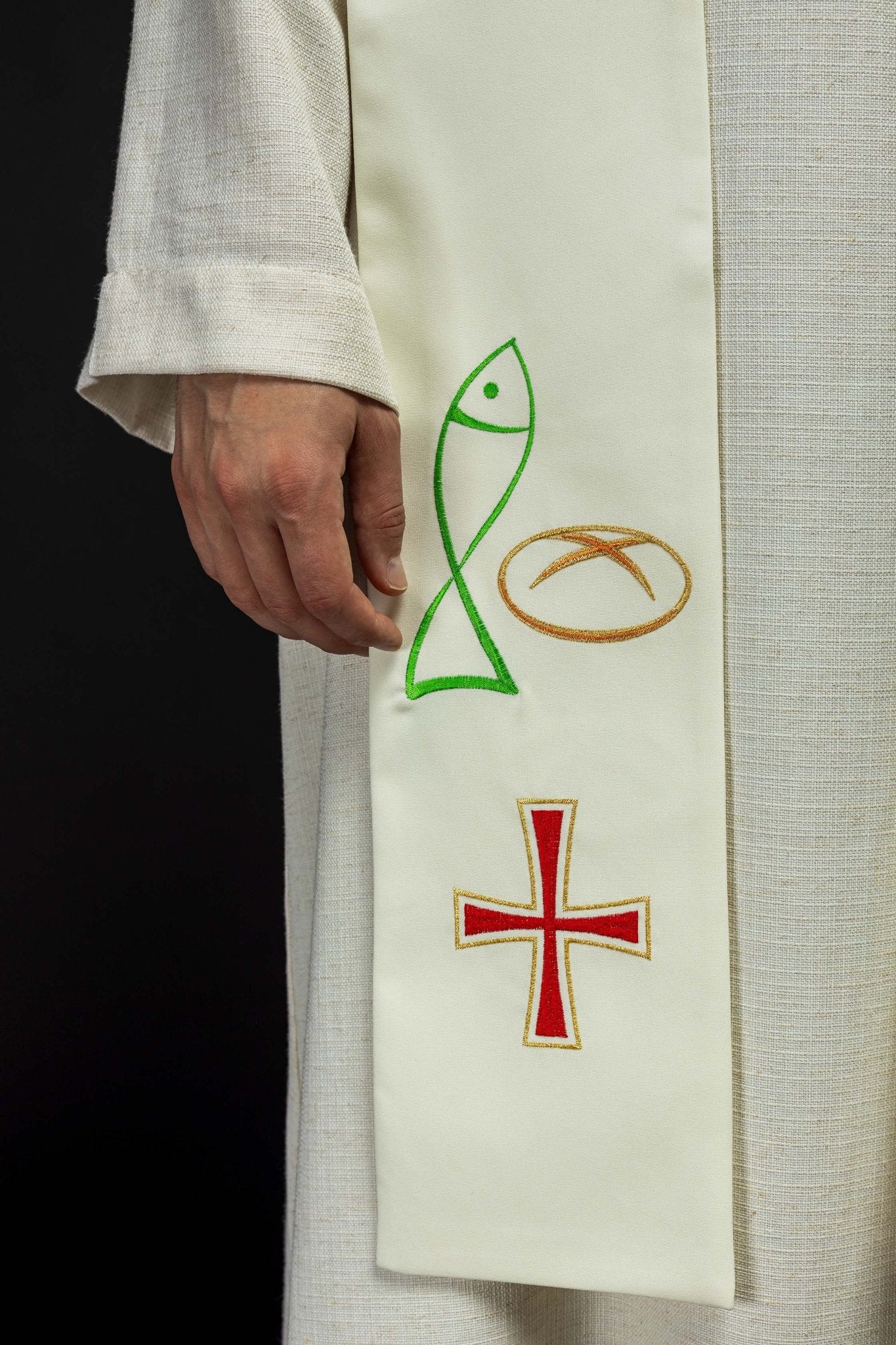 Embroidered priestly stole with Bread Cross Fish motif in ecru - Image 3