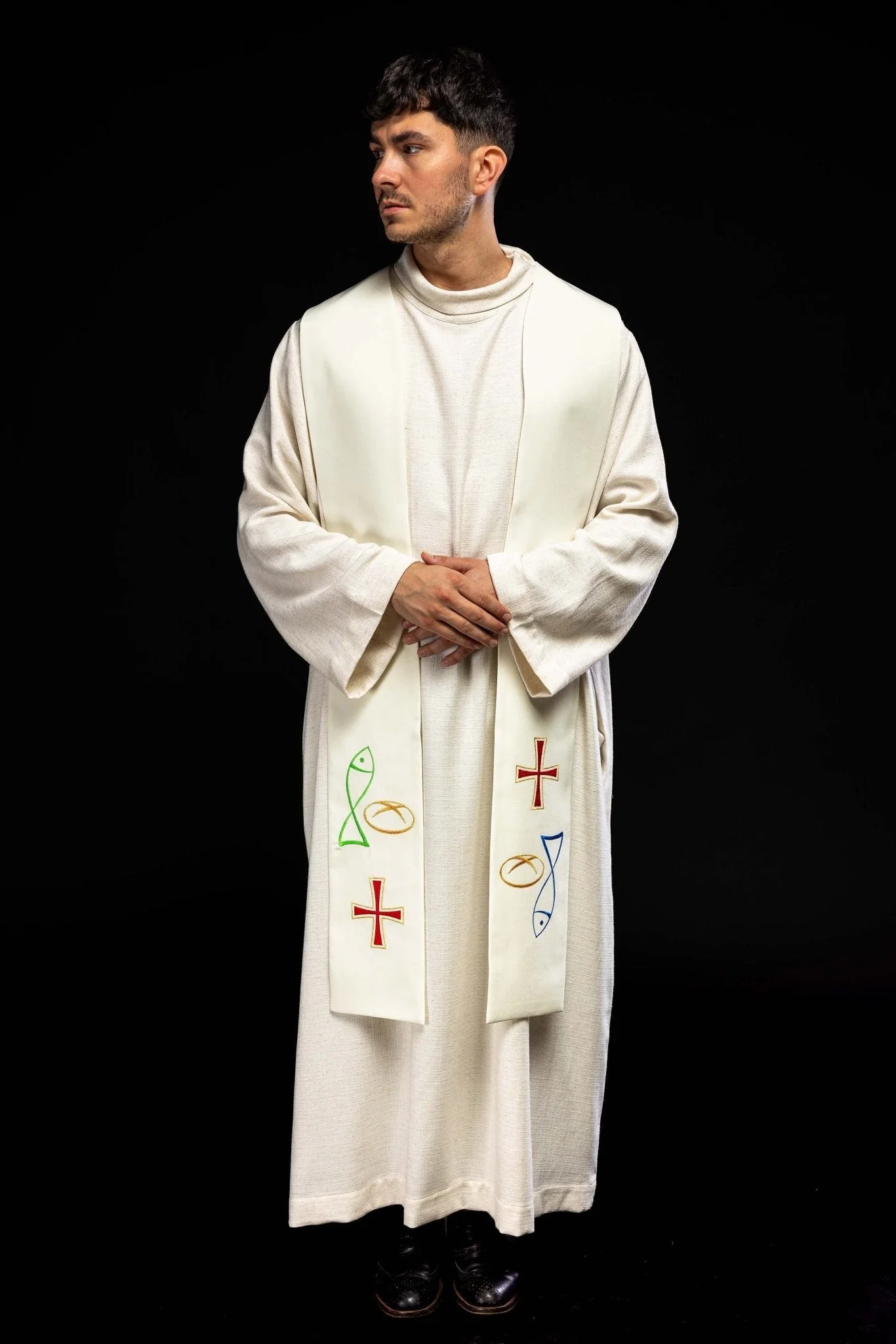 Embroidered priestly stole with Bread Cross Fish motif in ecru - Image 6