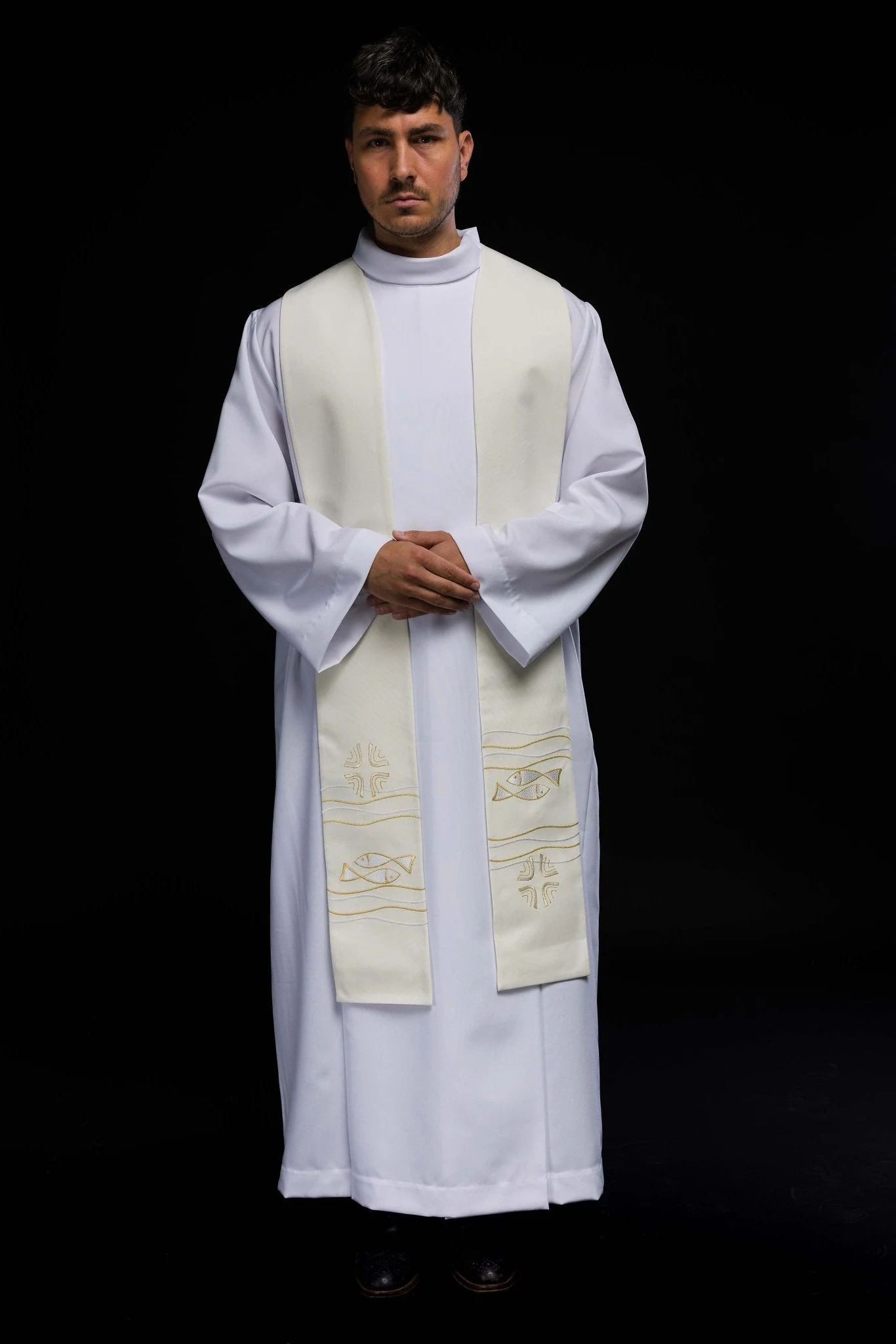 Embroidered priestly stole with Fish motif in ecru - Image 5