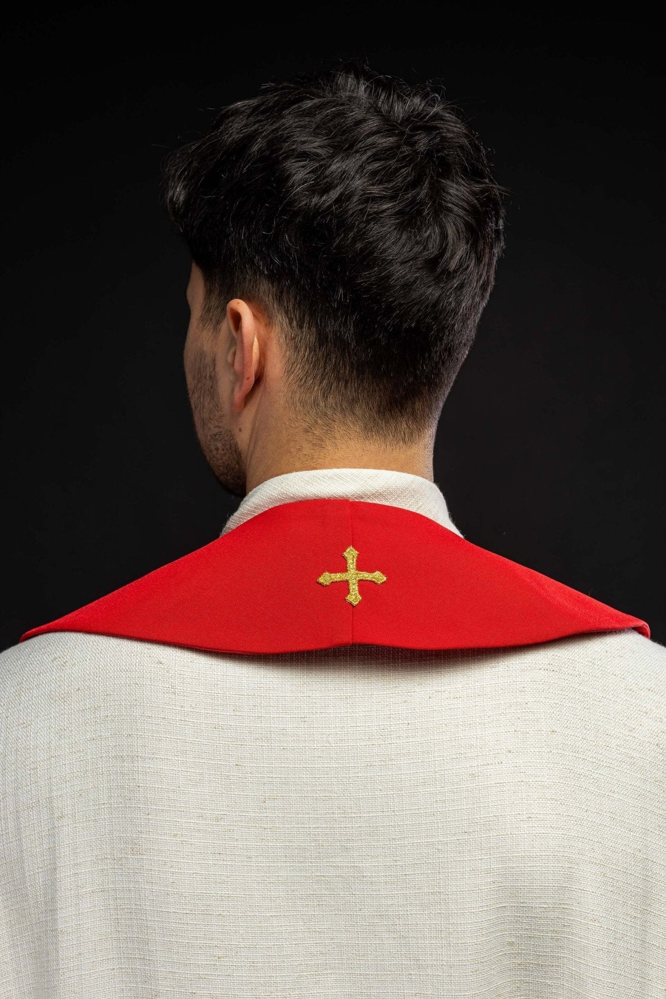Embroidered priestly stole with grape and wheat motif in red - Image 3