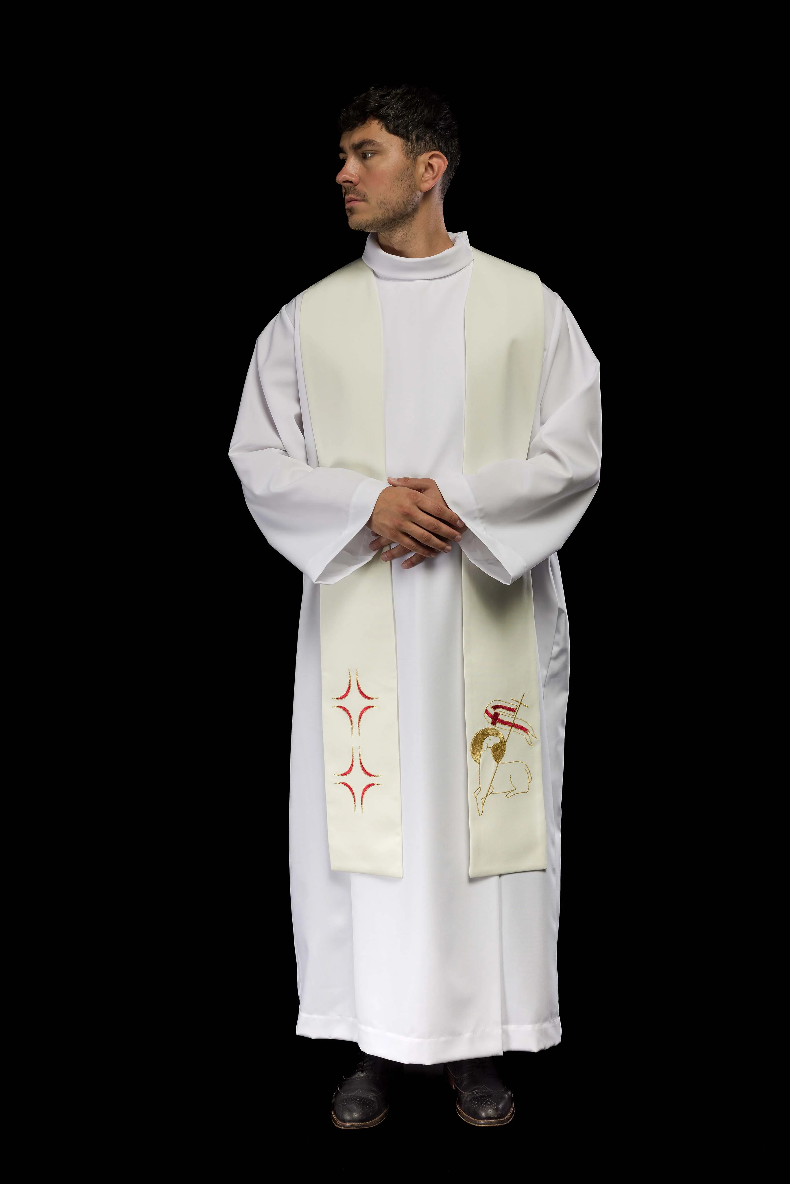 Priestly stole with embroidered Cross and Lamb in ecru - Image 6