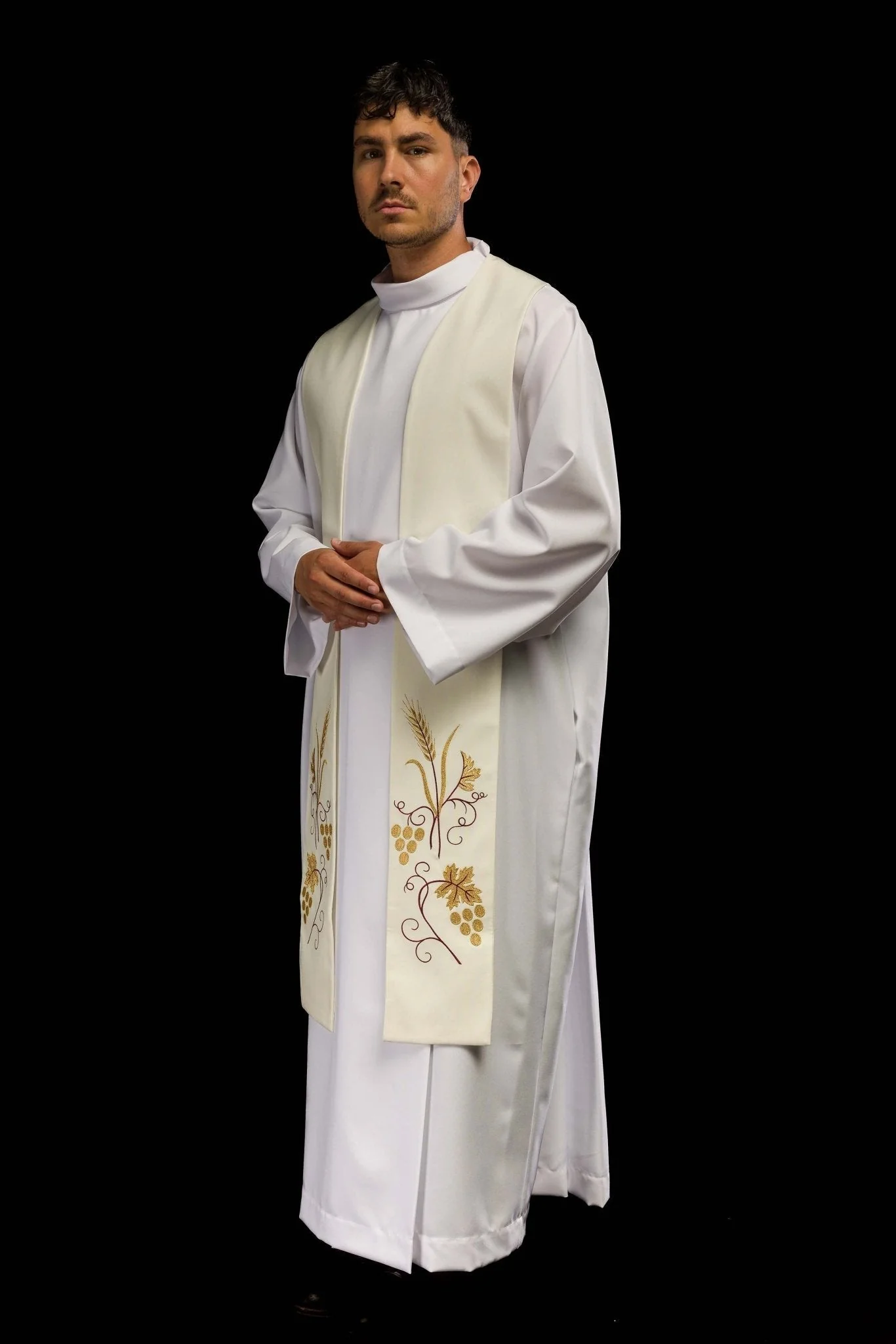 Priestly stole with grape and wheat embroidery in ecru - Image 5