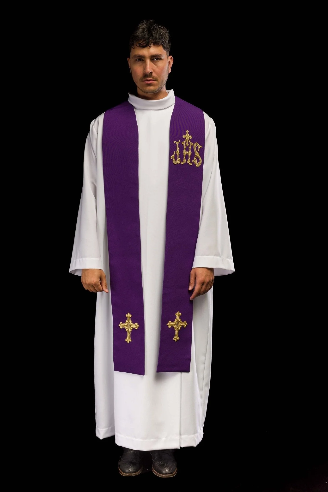 Purple priestly stole embroidered with a cross and IHS - Image 6