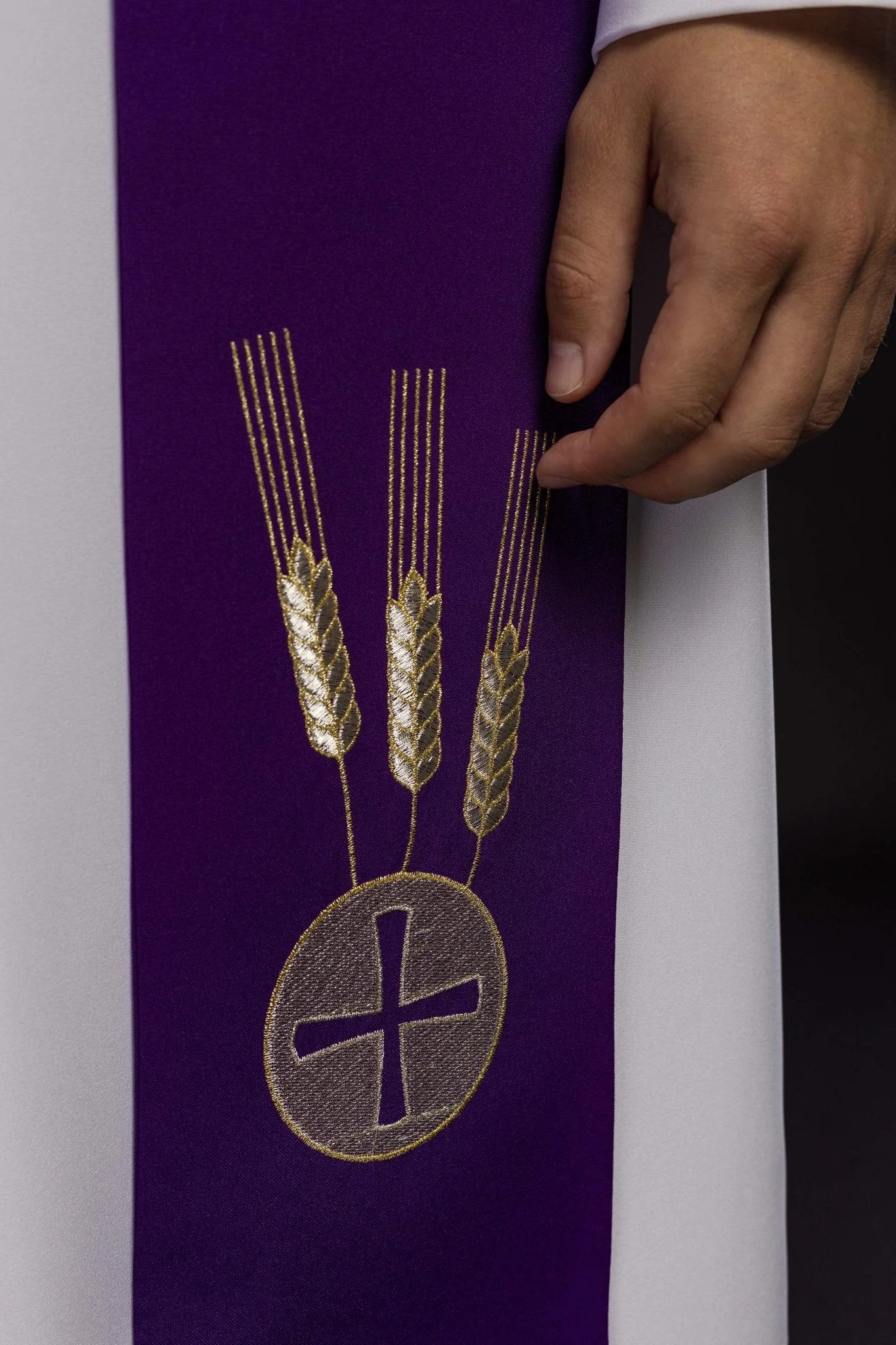 Purple priestly stole embroidered with Chalice, Wheat, and Grapes - Image 3