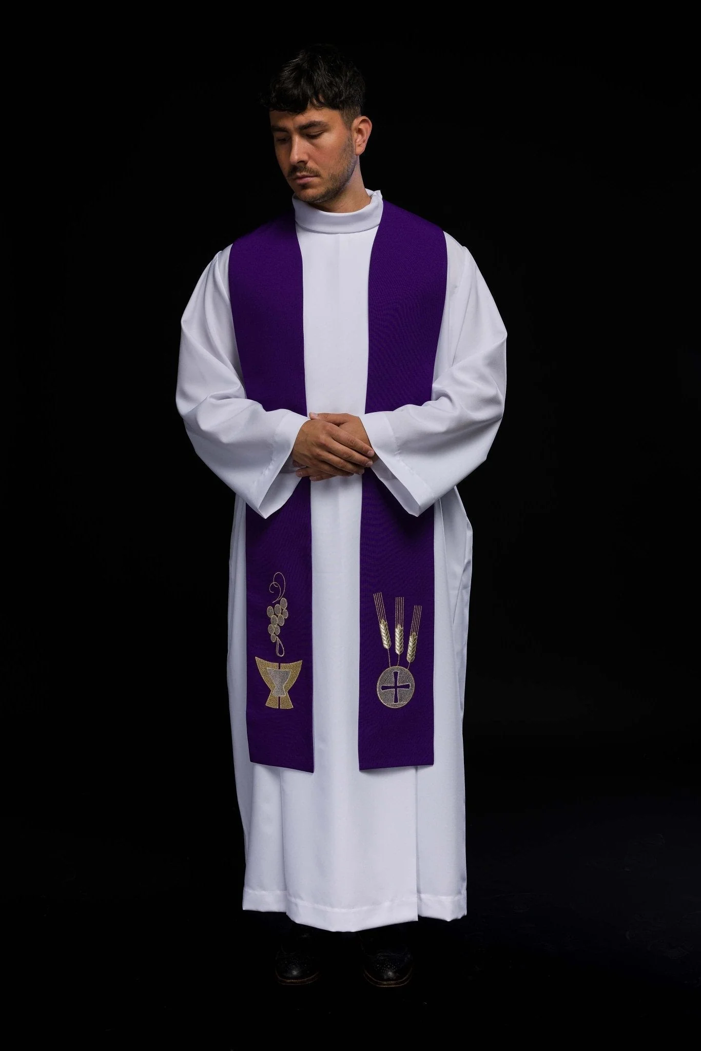 Purple priestly stole embroidered with Chalice, Wheat, and Grapes - Image 5