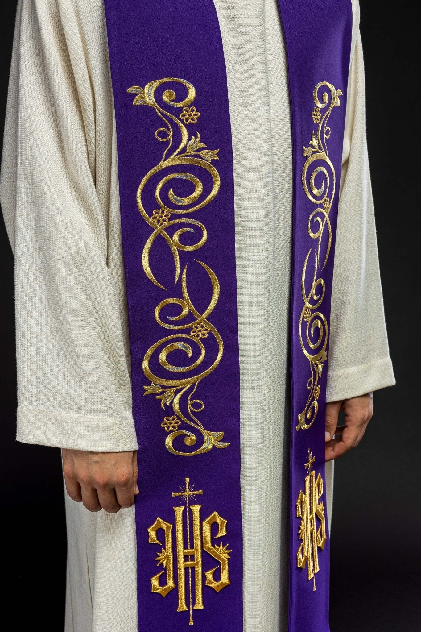 Purple priestly stole embroidered with IHS - Image 3