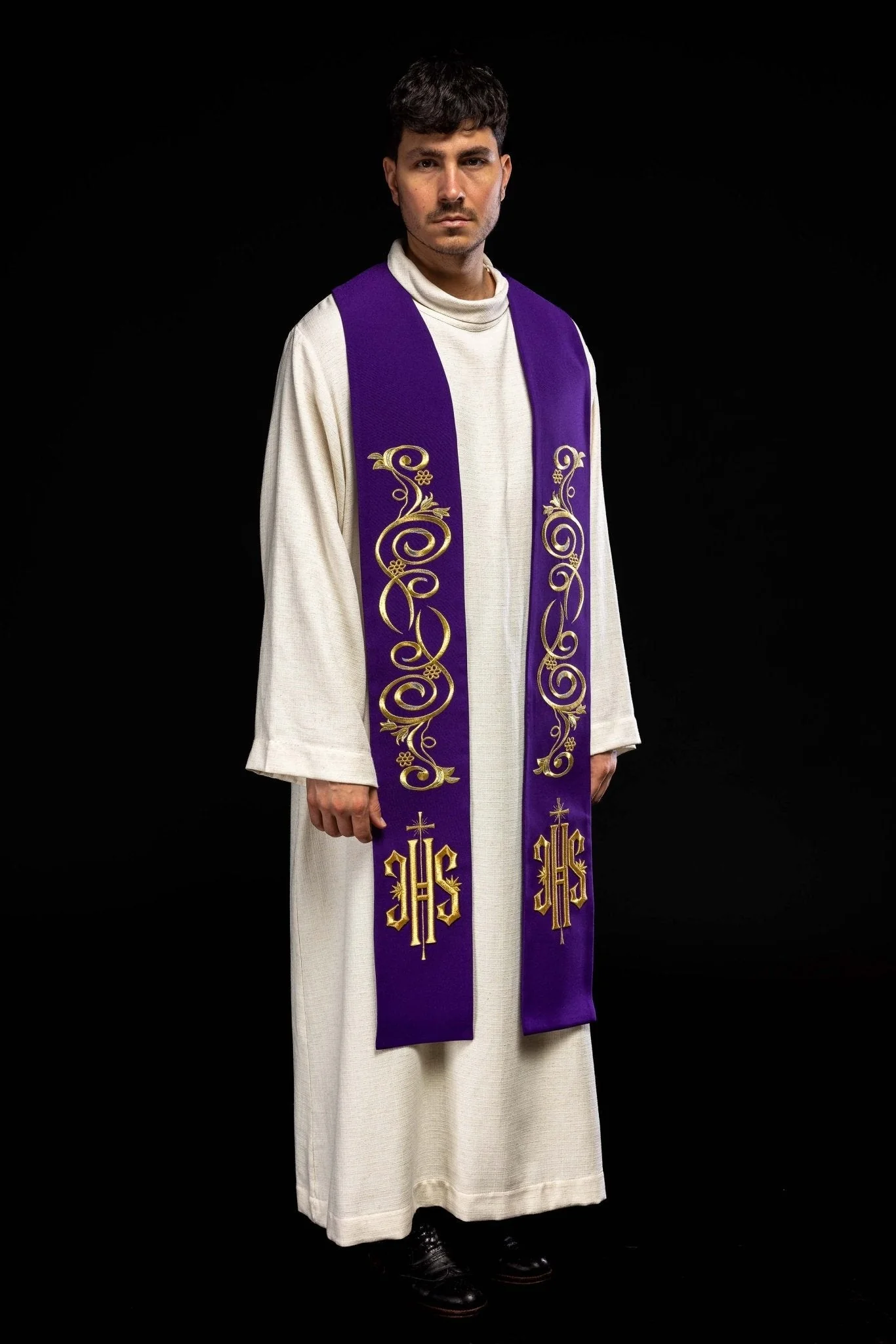 Purple priestly stole embroidered with IHS - Image 5