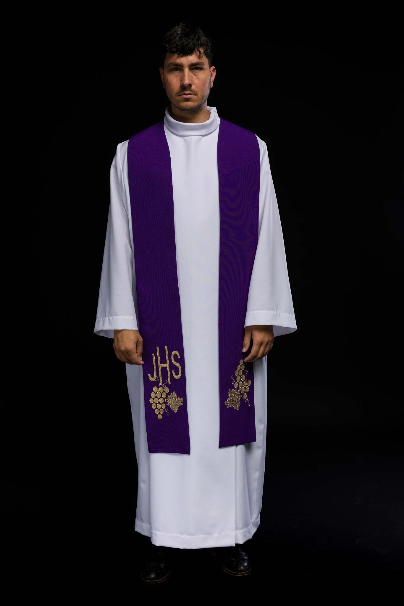 Purple priestly stole embroidered with IHS and grapes - Image 5