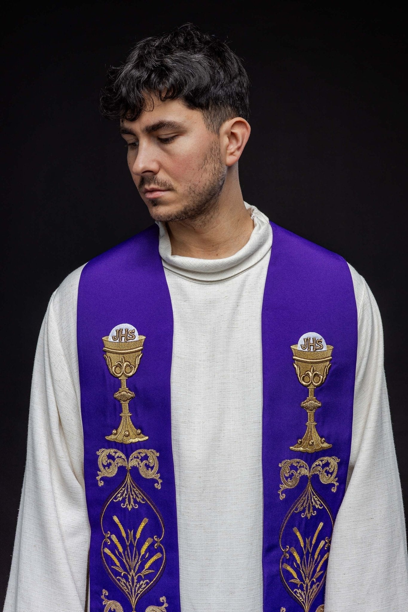 Purple priestly stole with chalice IHS - Image 5