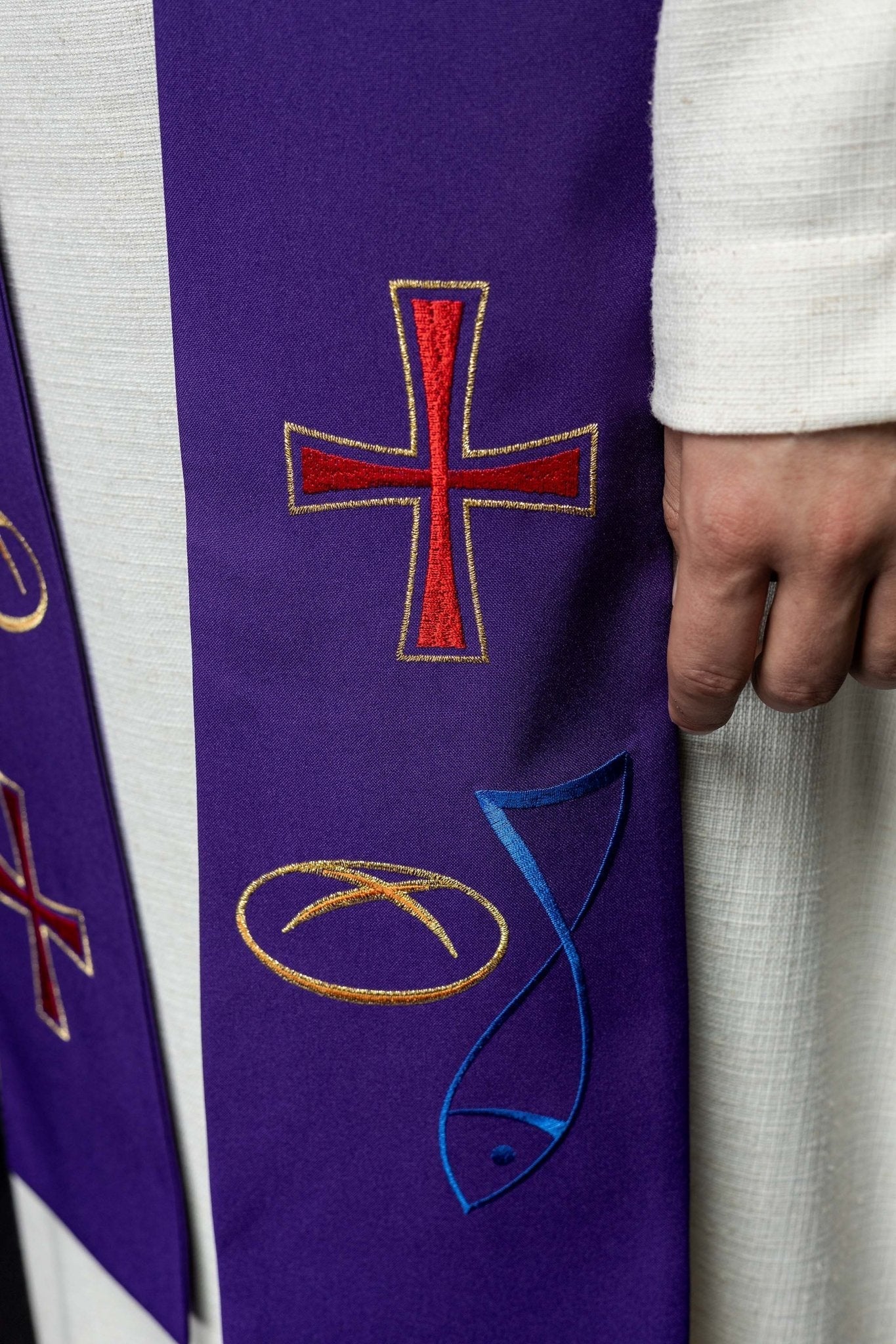 Purple priestly stole with embroidered Bread Cross Fish motif - Image 3