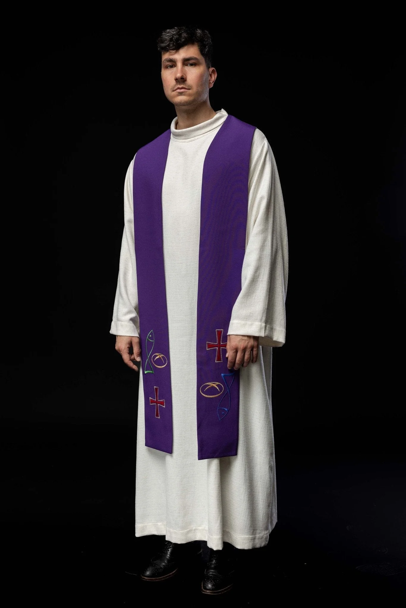 Purple priestly stole with embroidered Bread Cross Fish motif - Image 5