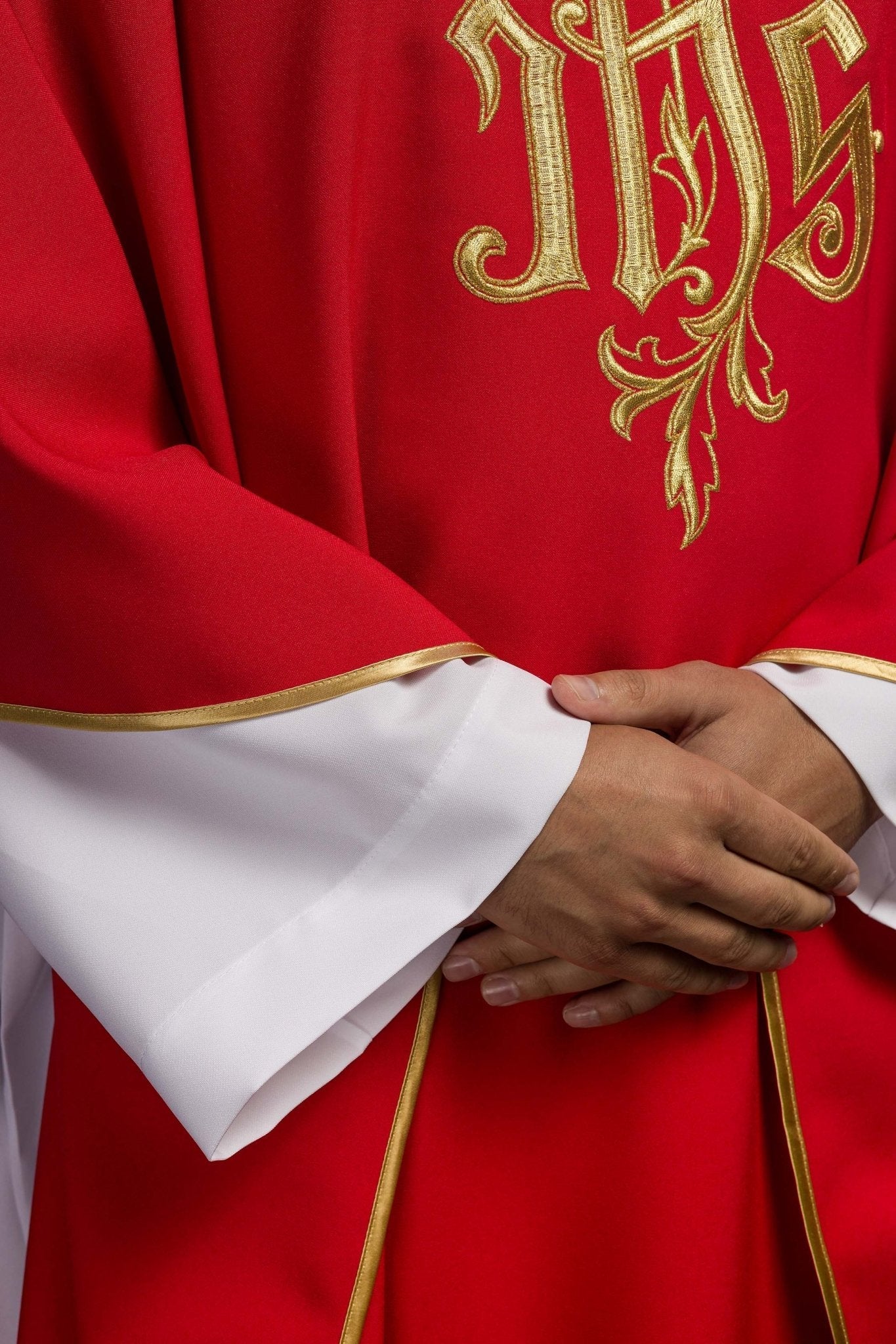 Red chasuble with classic gold JHS - Image 4