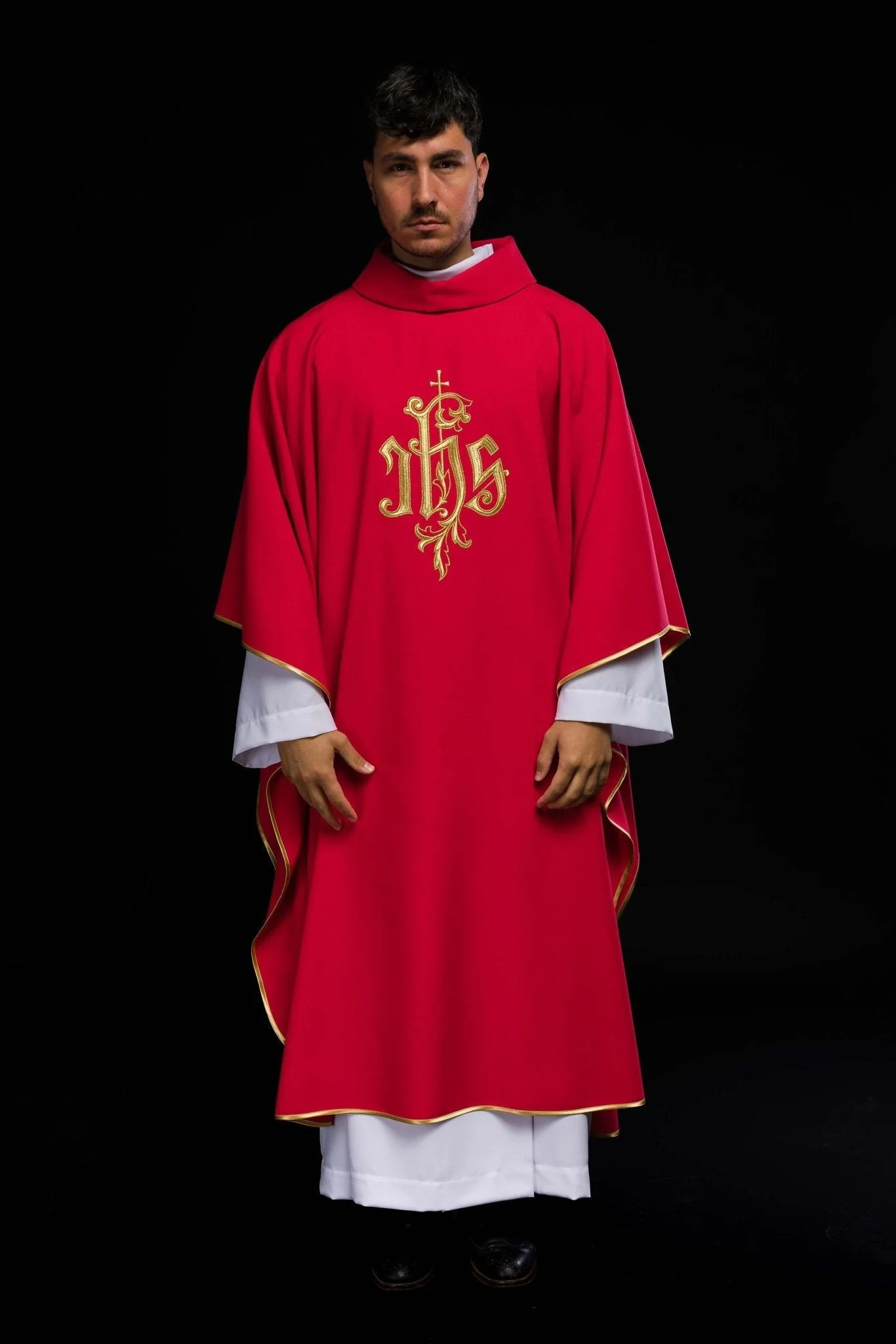 Red chasuble with classic gold JHS - Image 9